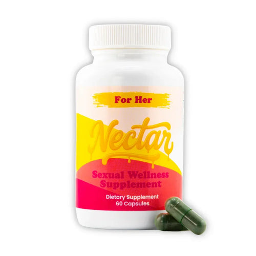 For Her Nectar sexual wellness supplement bottle with green capsules in front