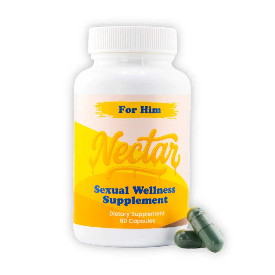 For Him sexual wellness supplement bottle with yellow label and green capsules