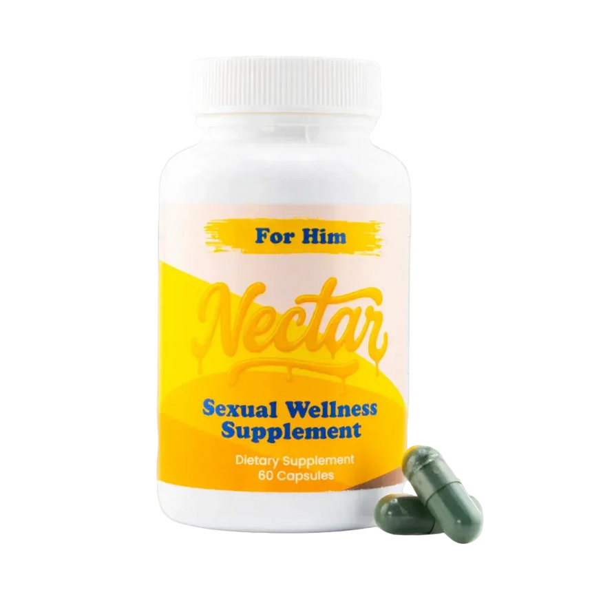 Nectar Sexual Wellness Supplement bottle with a yellow label on a white background