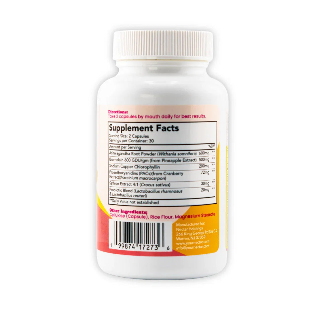 Back of For Her sexual wellness supplement bottle showing supplement facts and ingredients list