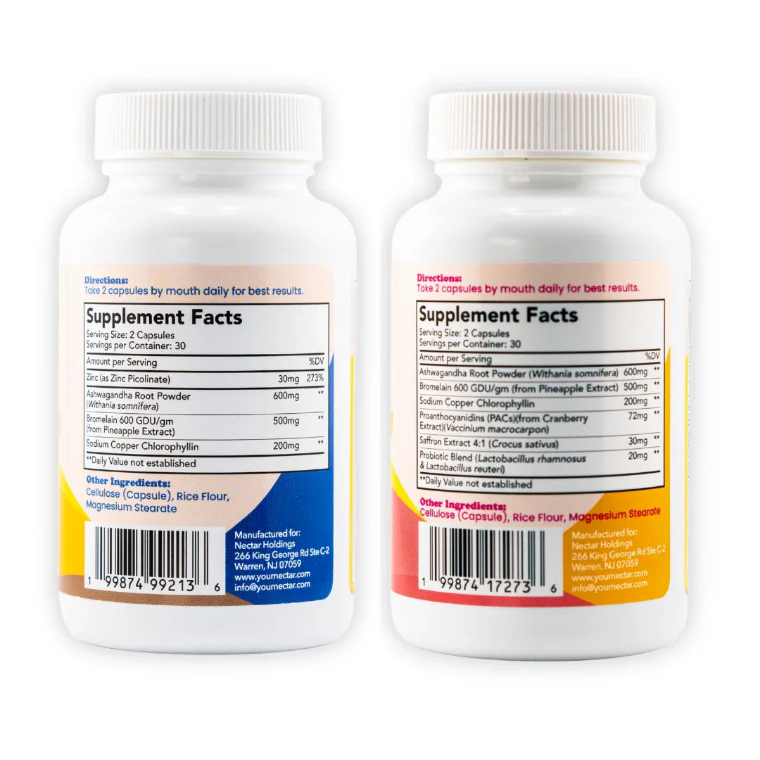 Back view of two sexual wellness supplement bottles showing supplement facts and ingredients.
