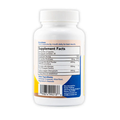 Back label of men’s sexual wellness supplement bottle, showing supplement facts and ingredients.