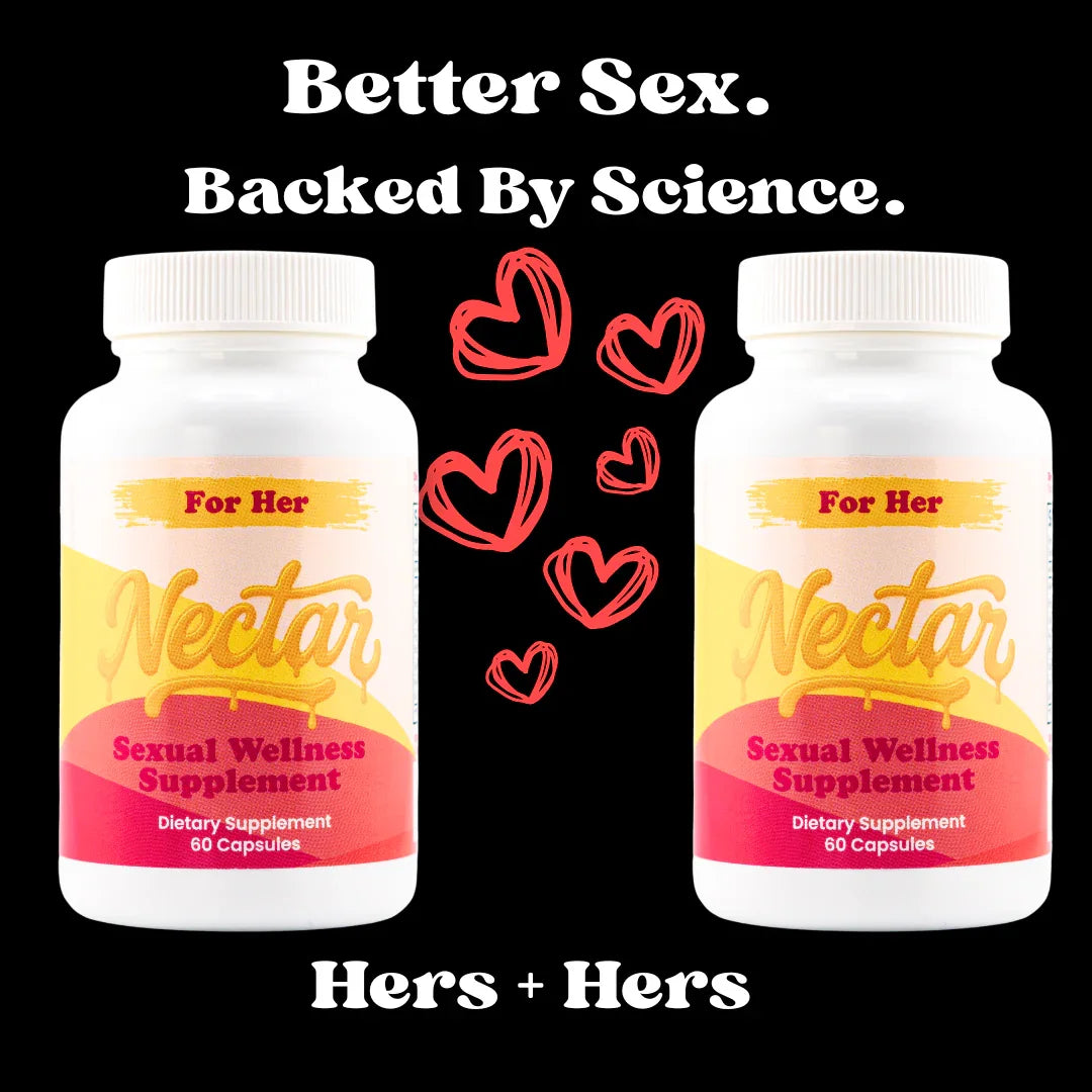 Two For Her sexual wellness supplement bottles with heart illustrations and bold text promoting intimacy.