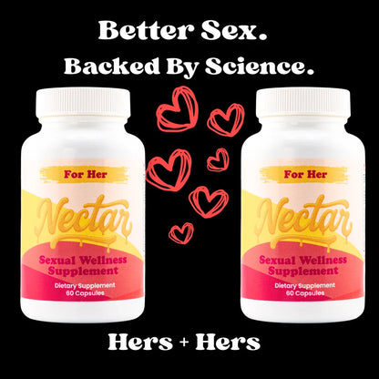 Two For Her sexual wellness supplement bottles with heart illustrations and bold text promoting intimacy.