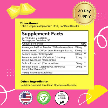 For Her supplement facts label showing ingredients like ashwagandha, bromelain, and probiotics.
