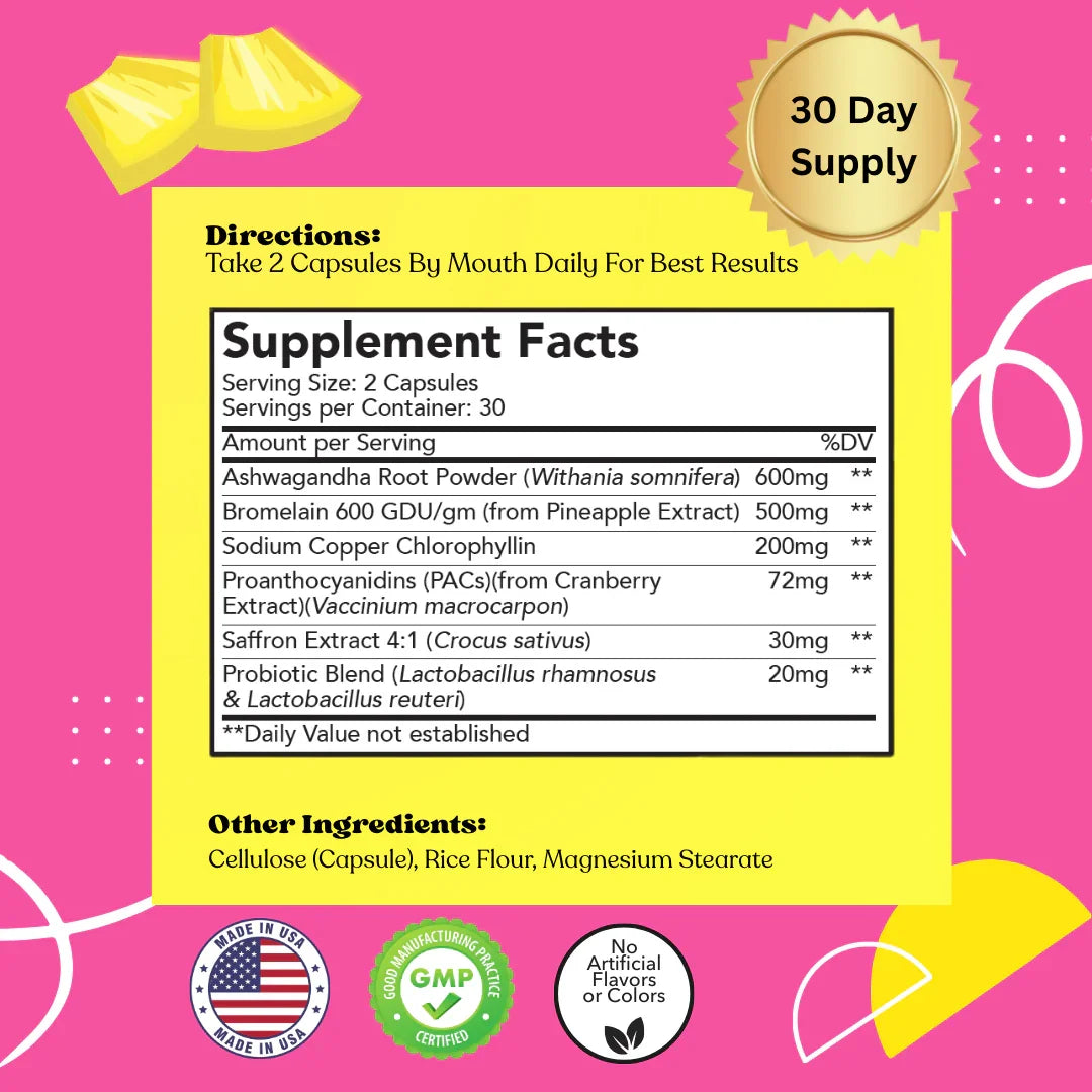 For Her sexual wellness supplement facts label with ingredients, dosage, 30 day supply badge, and quality certifications.