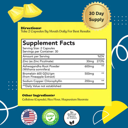 For Him supplement facts label with zinc, ashwagandha, bromelain; 30-day supply icons.