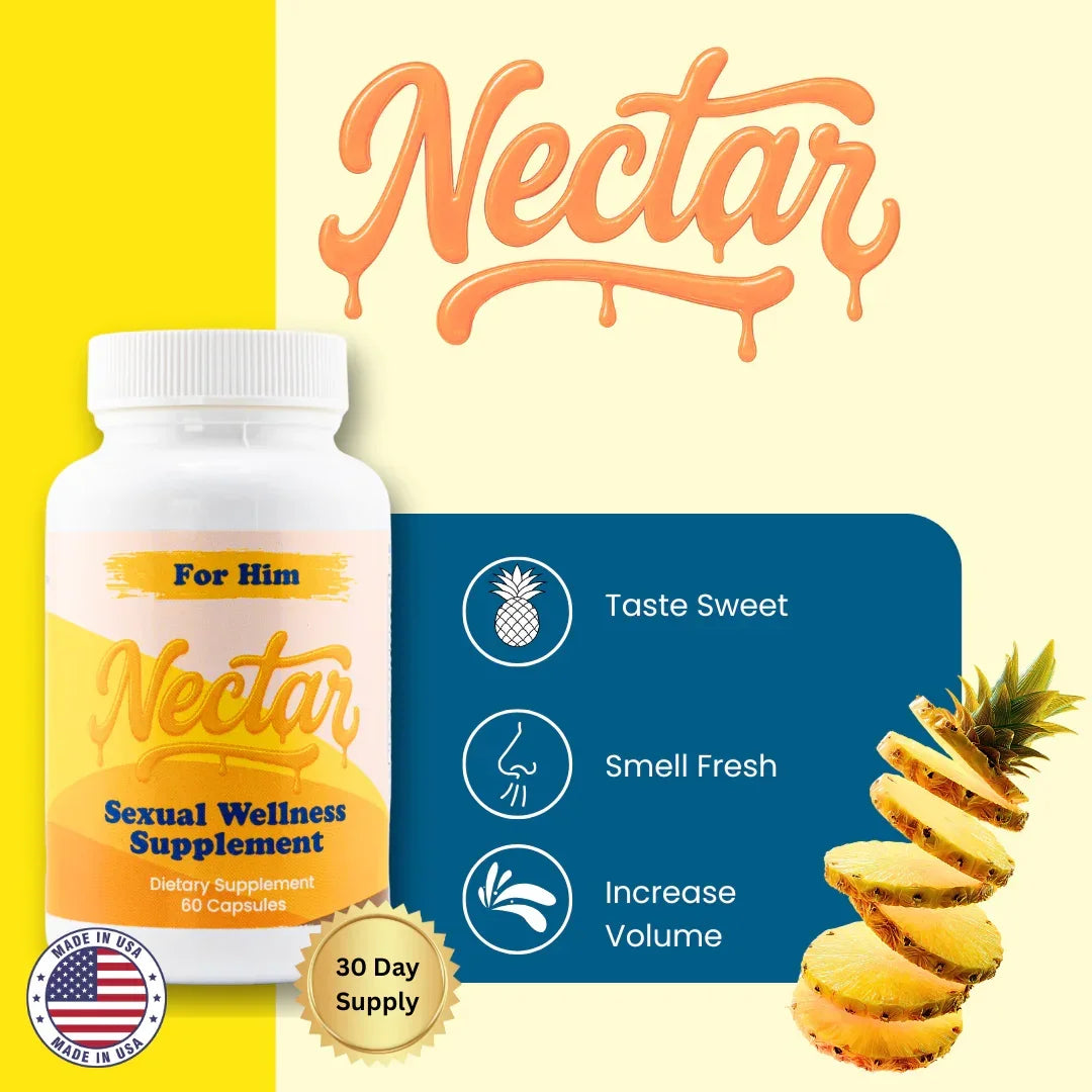 Nectar For Him sexual wellness supplement bottle with pineapple slices, highlighting sweet taste, fresh scent, and increased volume benefits.