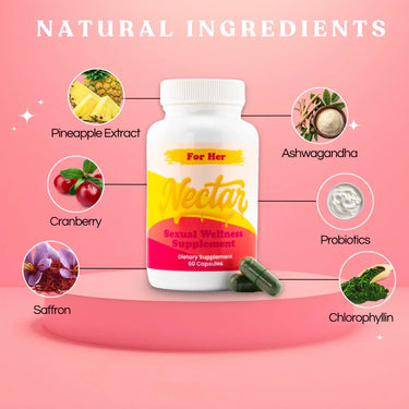 For Her sexual wellness supplement bottle with capsules, showing natural ingredients: pineapple extract, cranberry, saffron, ashwagandha, probiotics, chlorophyllin on a pink background.