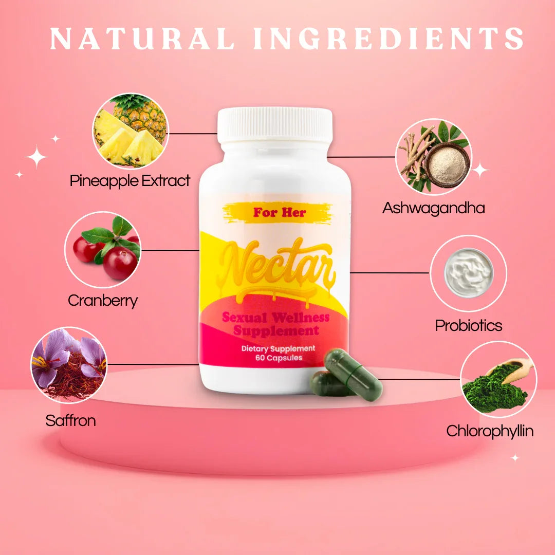 For Her sexual wellness supplement with natural ingredients: pineapple extract, cranberry, saffron, ashwagandha, probiotics, chlorophyllin.