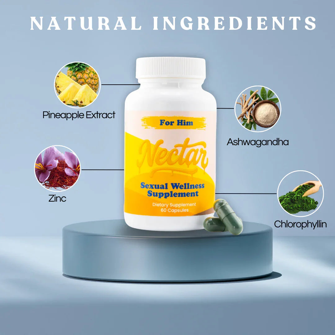 For Him sexual wellness supplement bottle with pineapple extract, zinc, ashwagandha, and chlorophyll.
