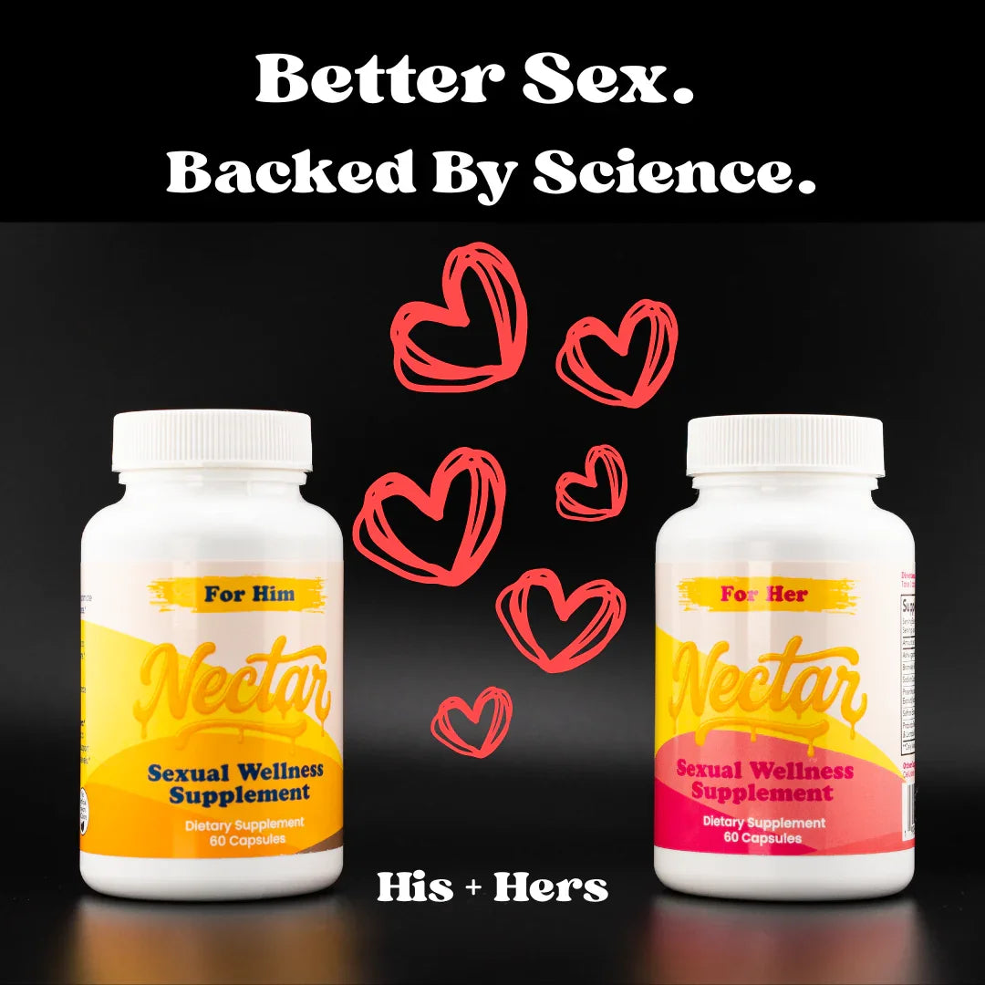 His and hers sexual wellness supplements bottles with heart graphics on black background