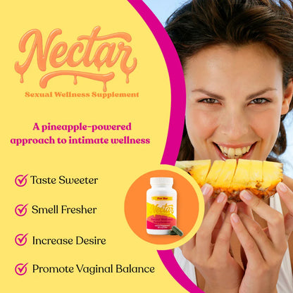 Woman smiling with pineapple, promoting For Her sexual wellness supplement for intimate health.
