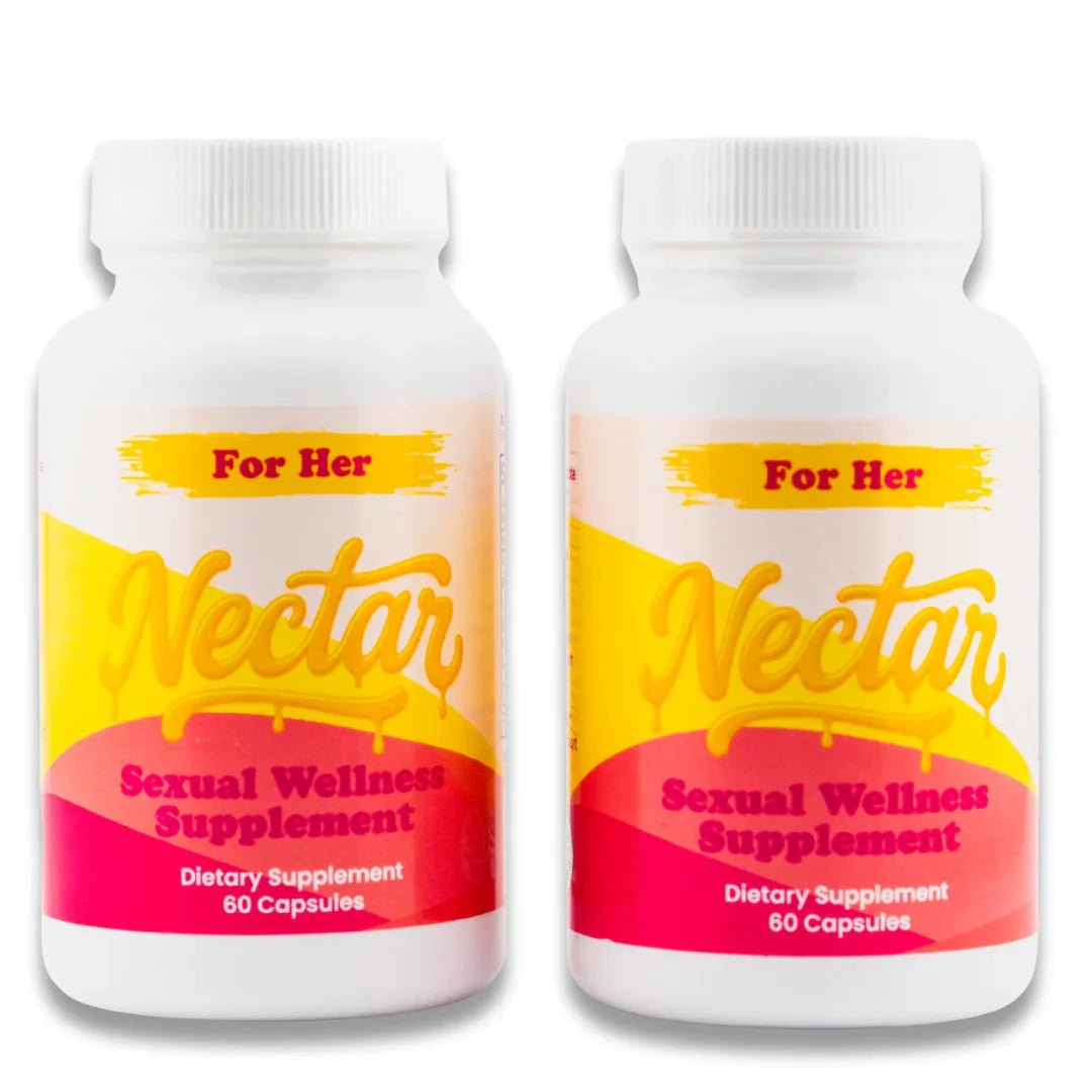 Two bottles of For Her Nectar sexual wellness supplement with yellow and pink labels