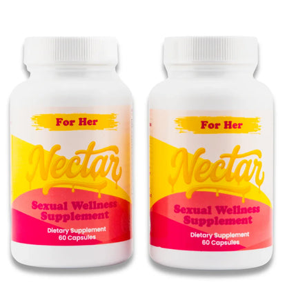 Two bottles of For Her Nectar sexual wellness supplement with yellow and pink labels