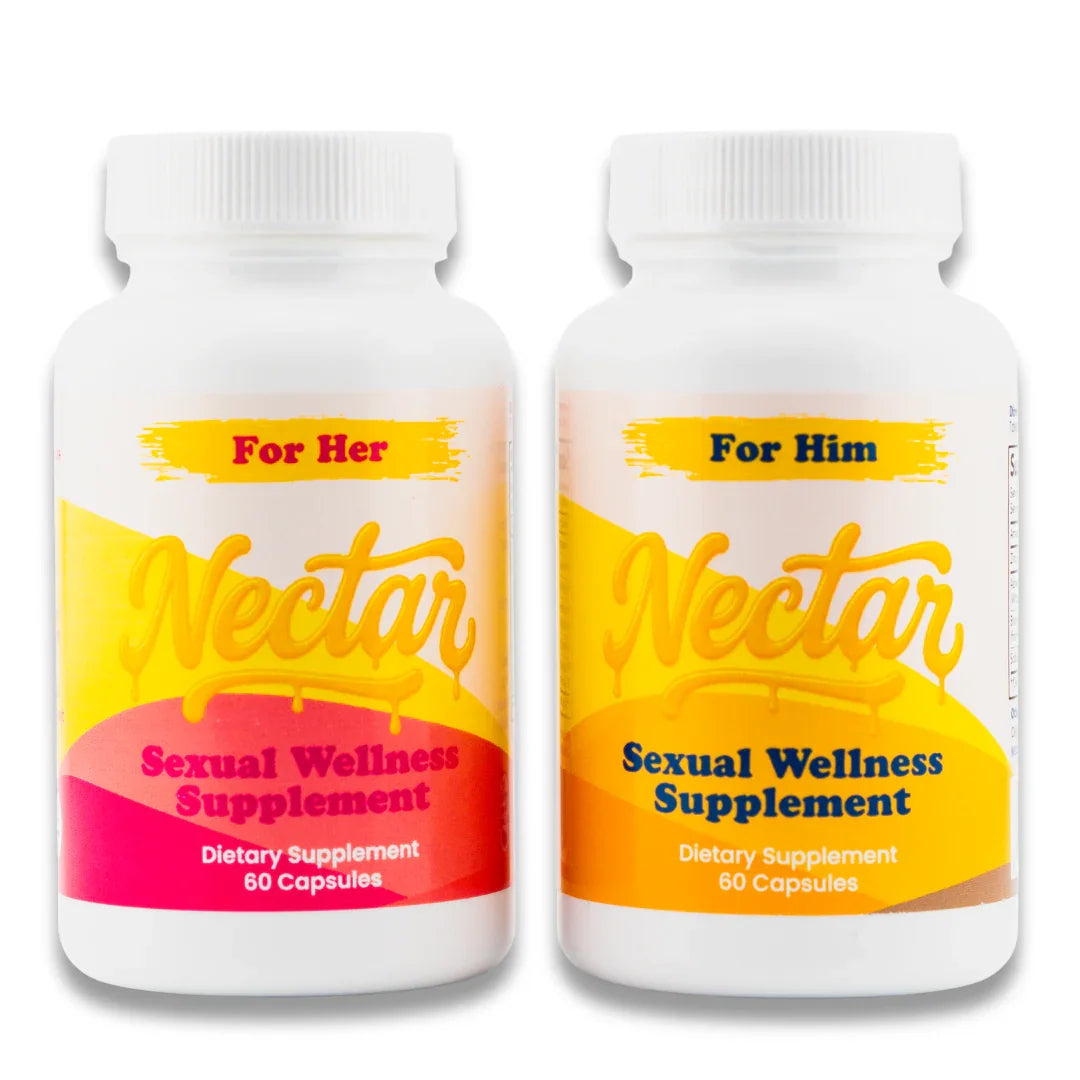 For Him and For Her sexual wellness supplement bottles for men and women, 60 capsules each
