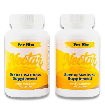 Two bottles of For Him Nectar sexual wellness supplement with yellow labels, 60 capsules each.