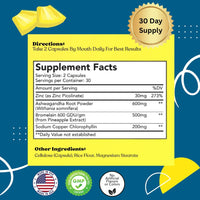 Supplement facts label for men's sexual wellness capsules with zinc, ashwagandha, and bromelain.