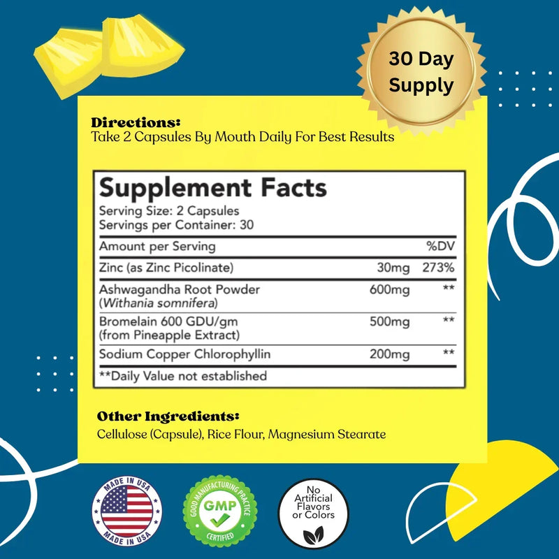Supplement facts label for men's sexual wellness capsules with zinc, ashwagandha, and bromelain.