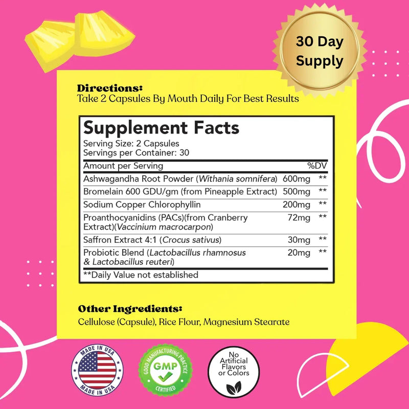 Women's supplement facts label with daily serving size, key ingredients, and 30 day supply badge.